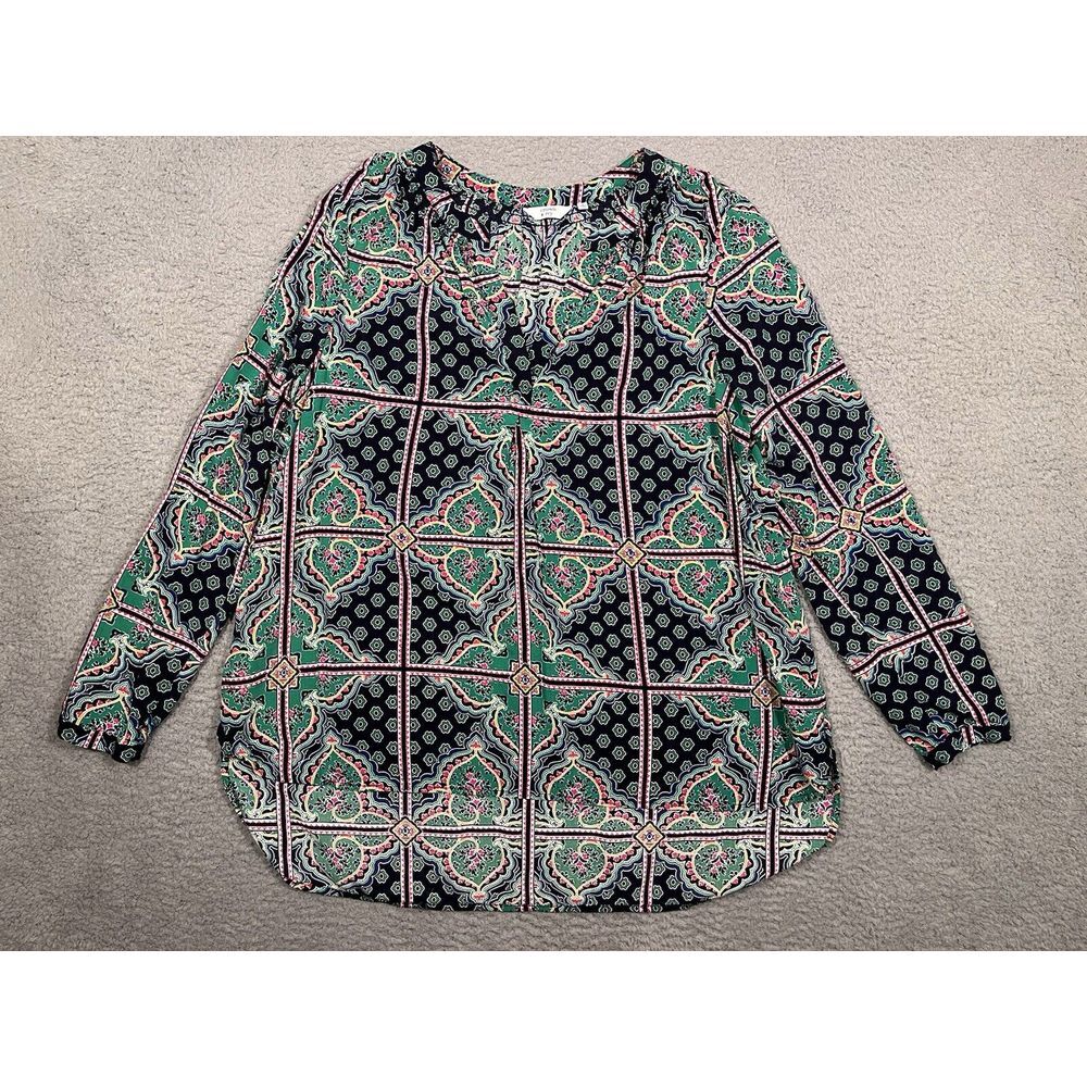 Crown & Ivy Tunic Blouse Large L‎ V-Neck Rayon Relaxed Geometric Colorful
